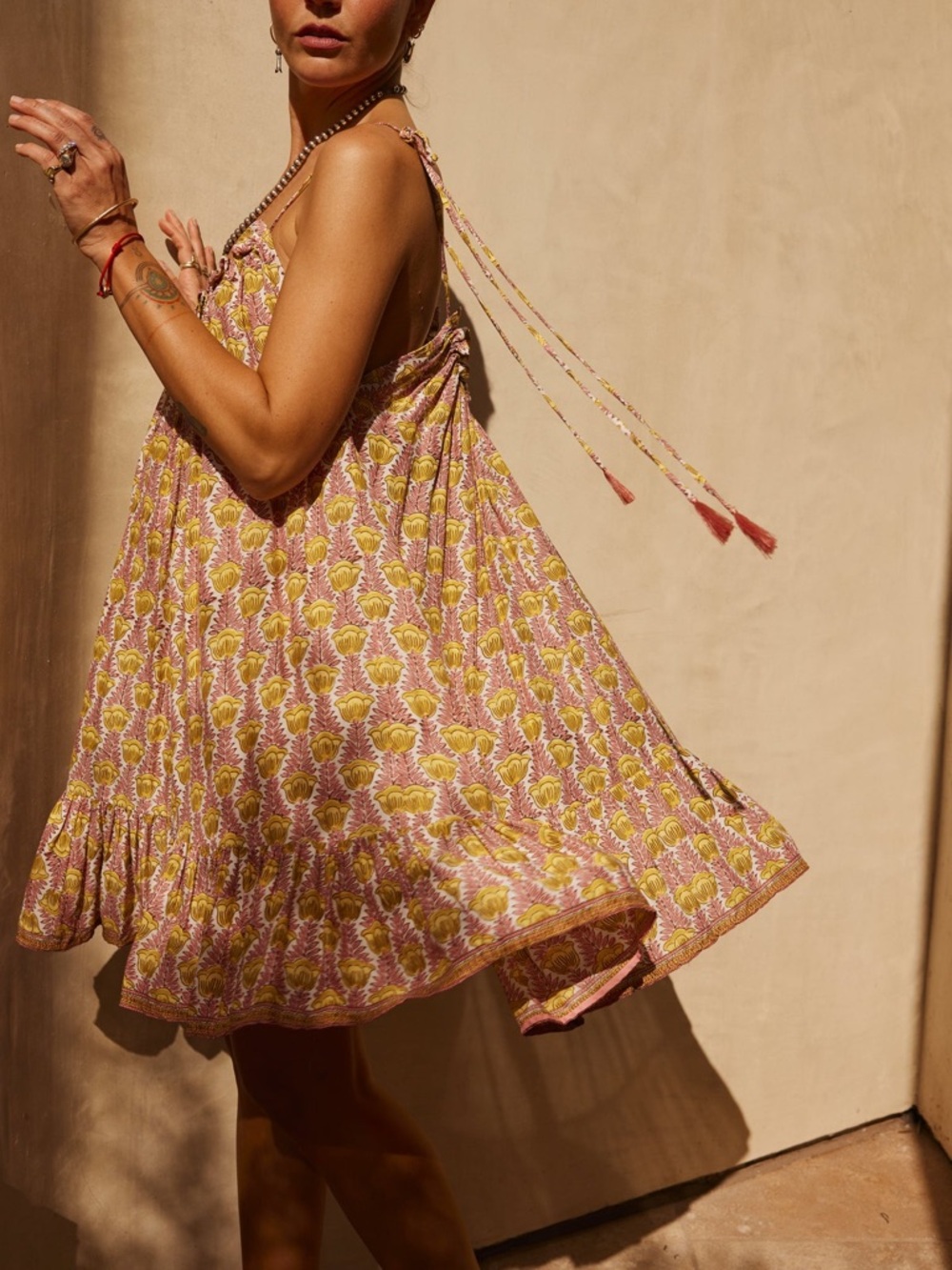 Natalie Martin Jerusha Mini Dress Pink Floral Tulip Swing Flowy Hippie Boho S